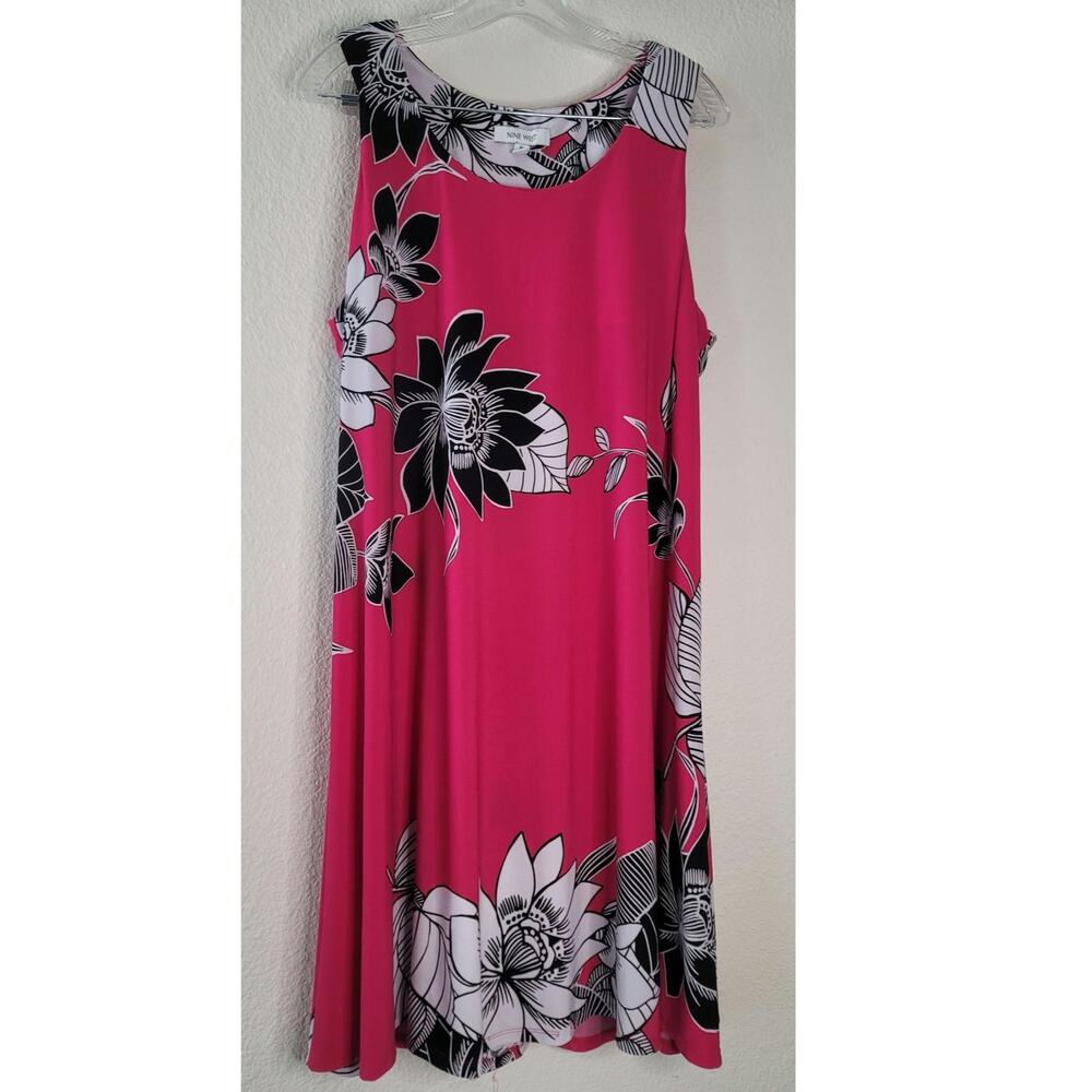 Nine West Tank Dress Vibrant Pink Bold Black and White Floral Stretchy Light XL